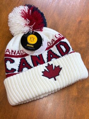 Robin Ruth  Pom Knit Toque- White, Red & Navy Canada Design